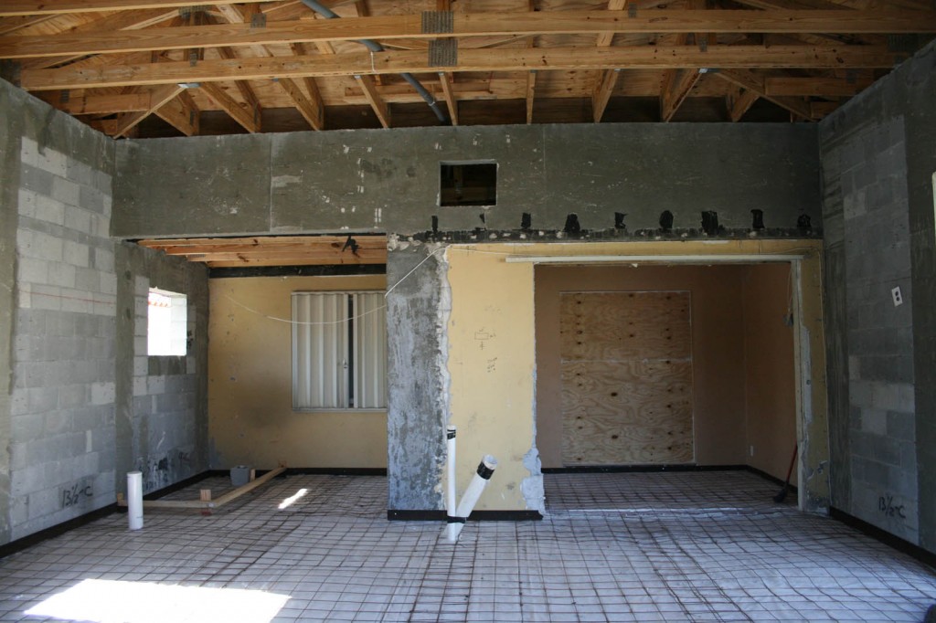 Interior photo of brick walls and new roof for home addition