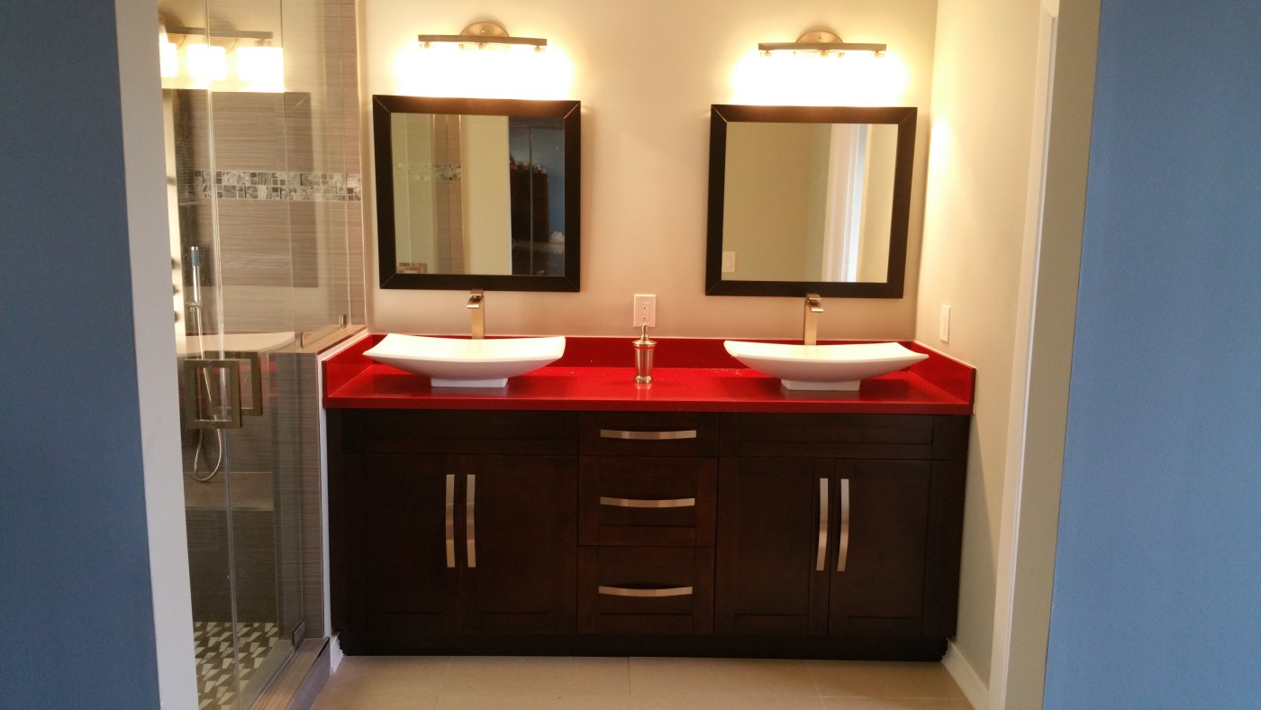 New wood vanity with quartz counter top & vessel sinks