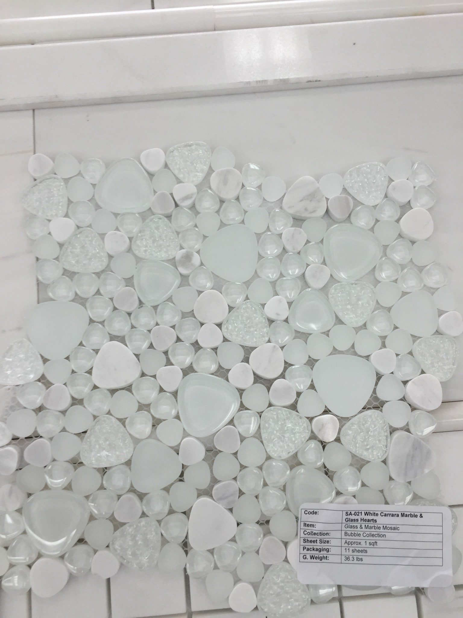 Glass Hearts & White Carrara Marble Mosaic for kitchen backsplash