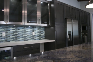 Espresso Omega cabinets with aluminum door accents & quartz counter top