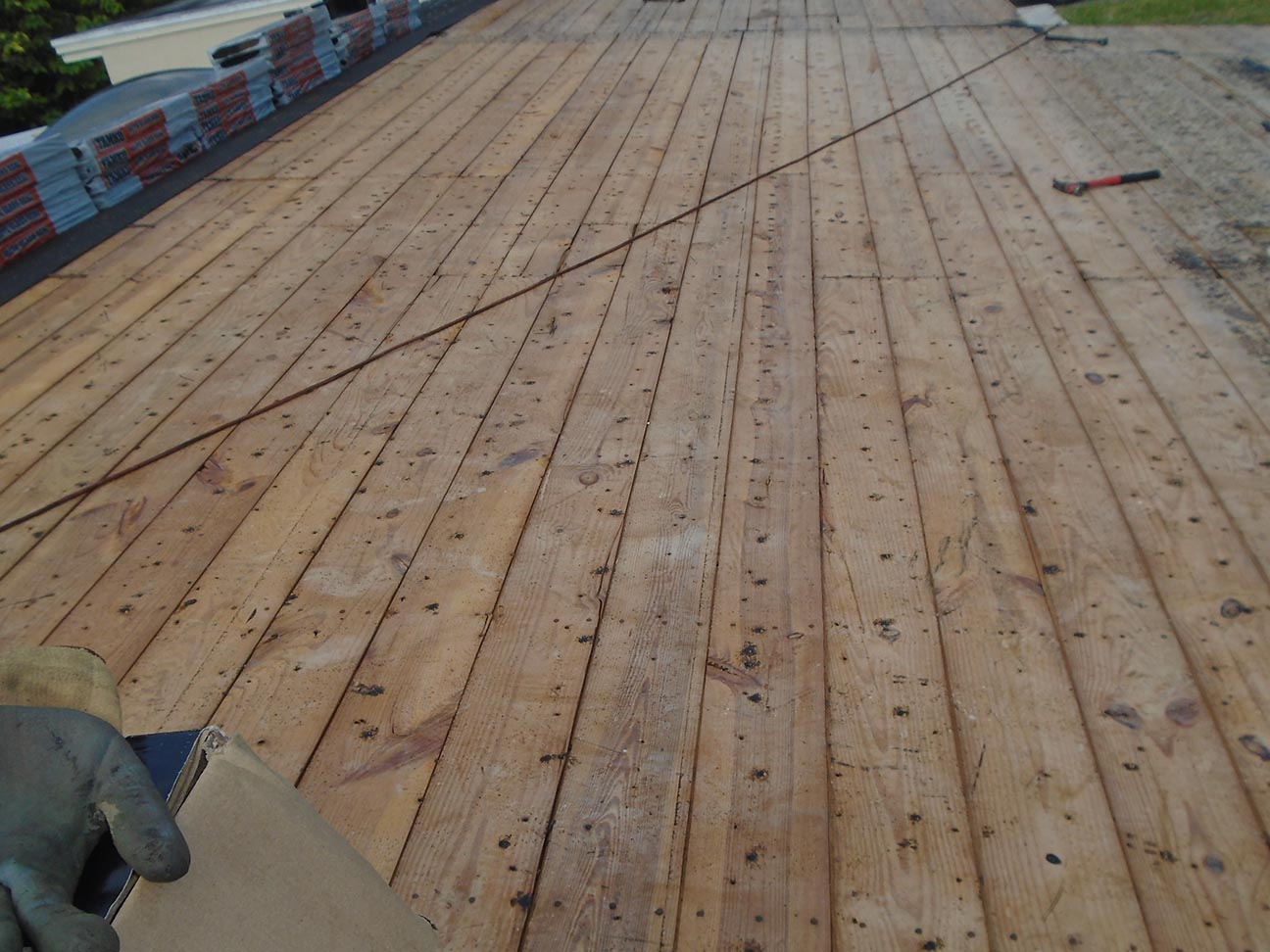 Exposed decking after removal of existing roof