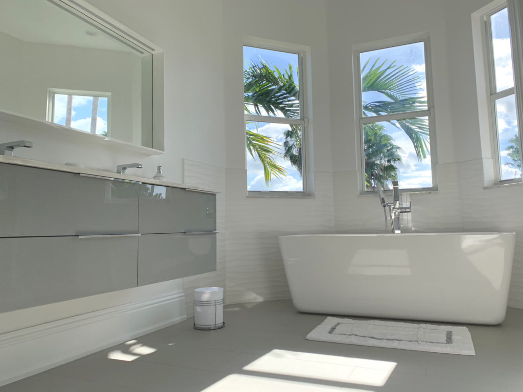 New floating double vanity and freestanding tub