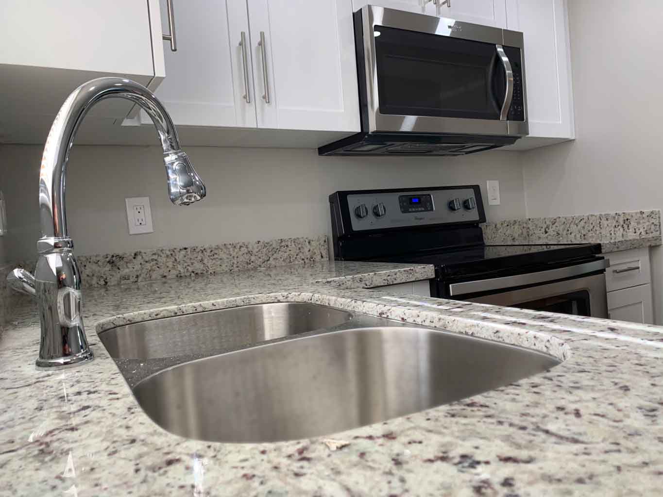 Close-up photo of new countertop and faucet