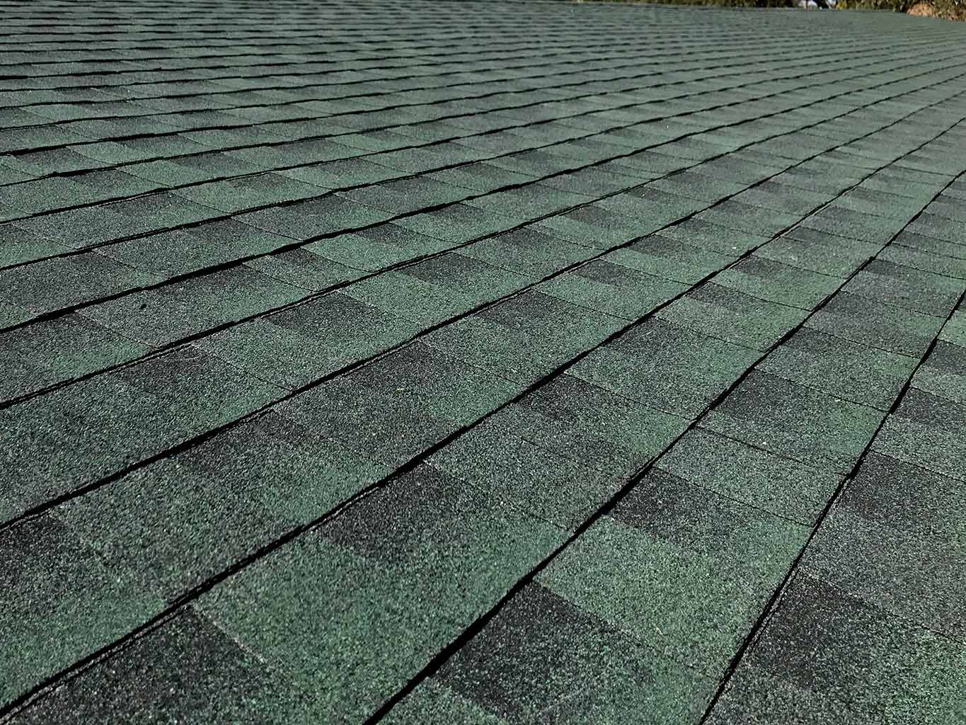 Close-up of green architectural shingles installed in Miami-Dade