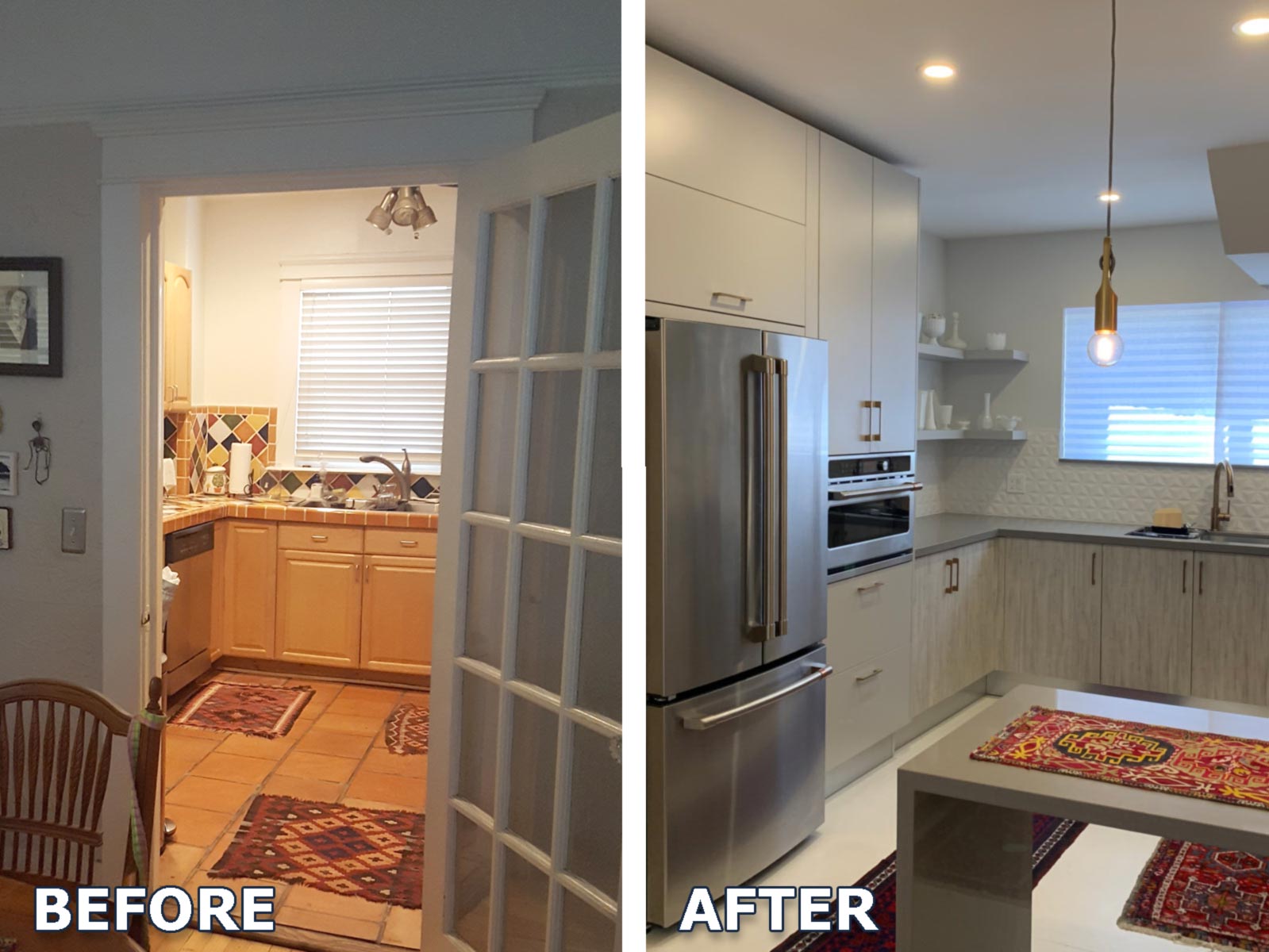 Side-by-side before and after comparison of kitchen remodel