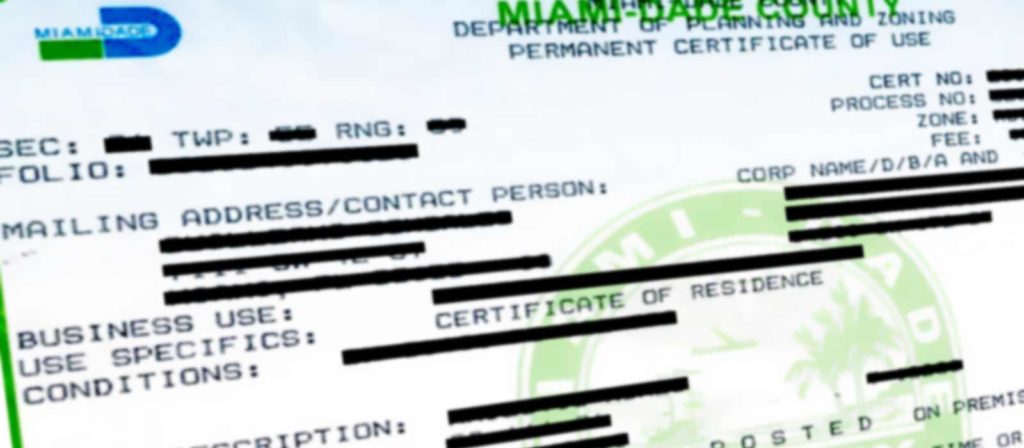 Sample of finalized Certificate of Use for Miami-Dade County