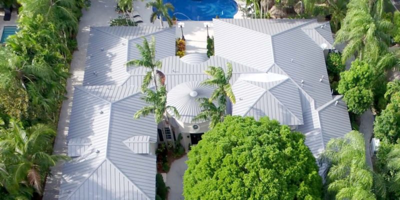 Aerial view of new large galvalume roof in Pinecrest